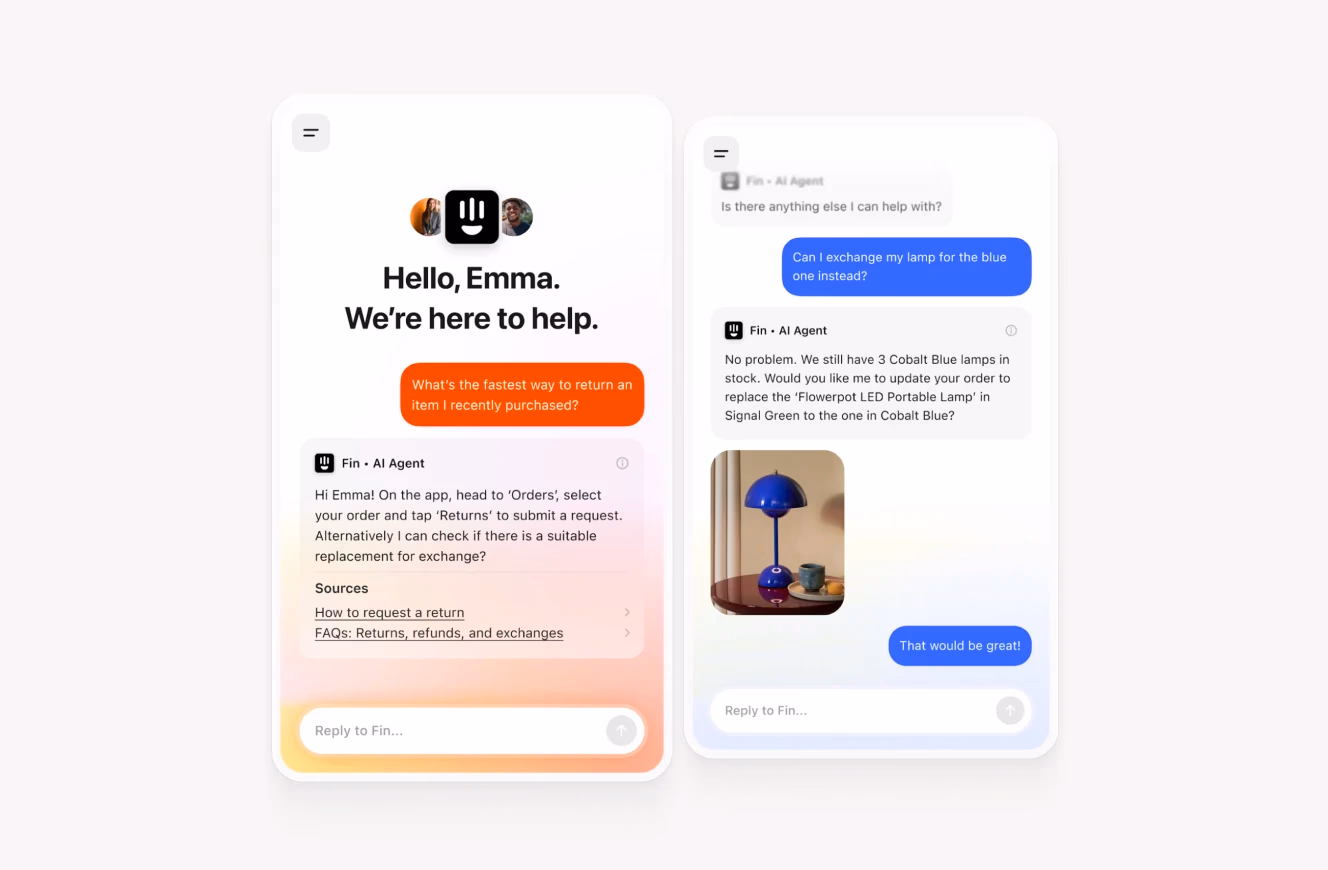 A chatbot interface from Intercom, featuring an AI assistant