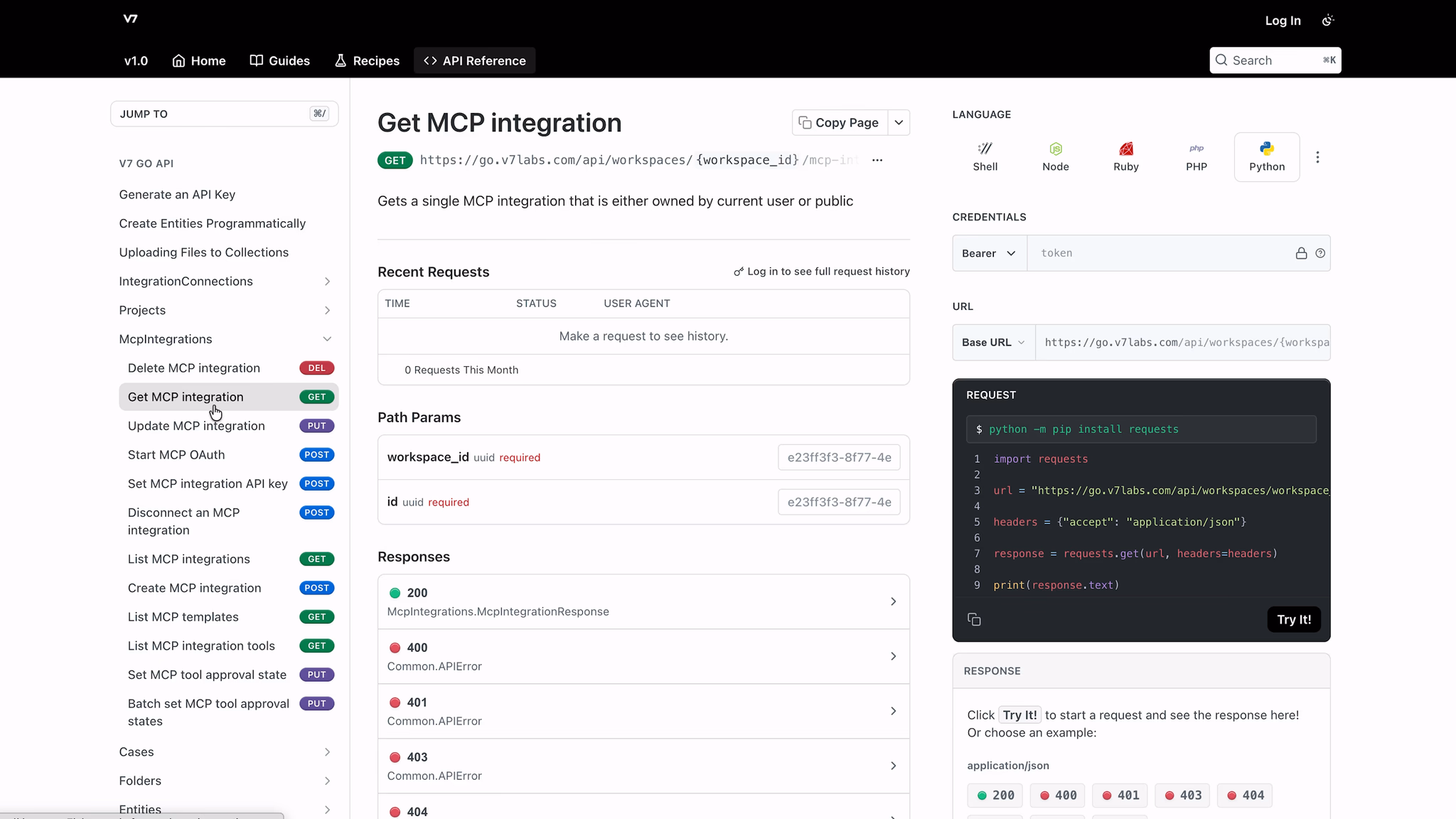 GTCX Network API reference page for the "Get MCP integration" endpoint, showing available methods and a Python code example.