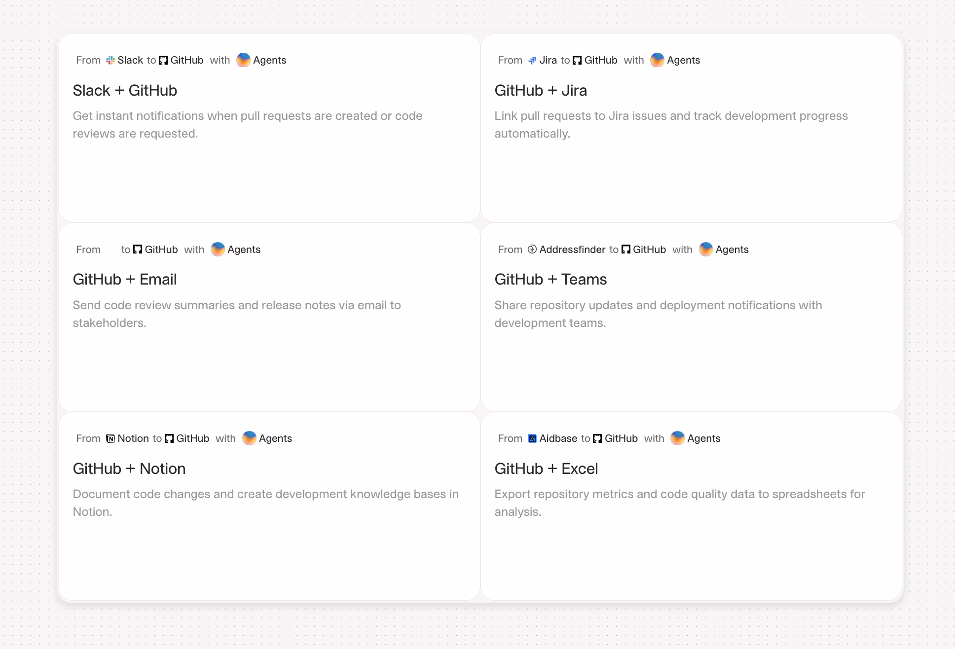 Interface showing integration cards, each describing an automation between Slack, Jira, GitHub, Teams, Notion, Excel, and other tools. Each card summarizes what the paired integration accomplishes using agents.