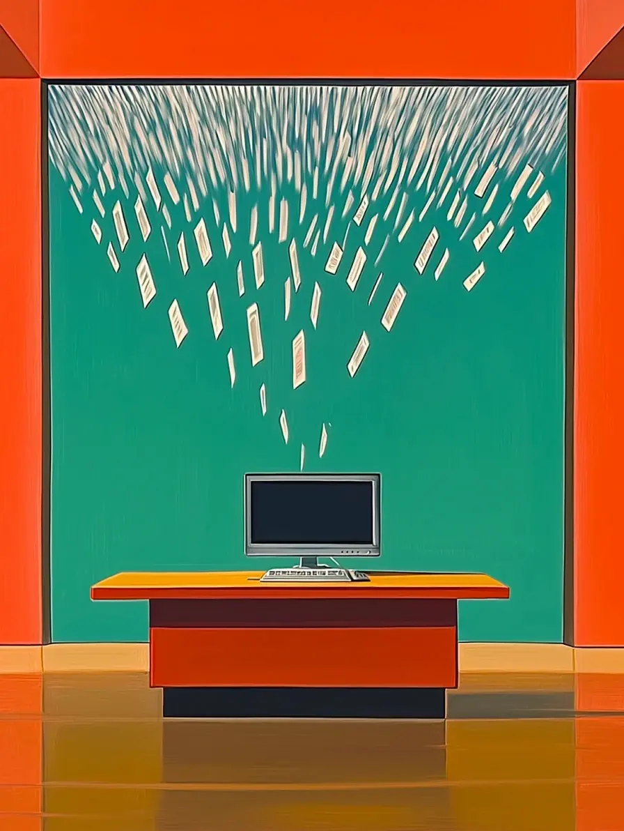 Computer and papers falling from screen