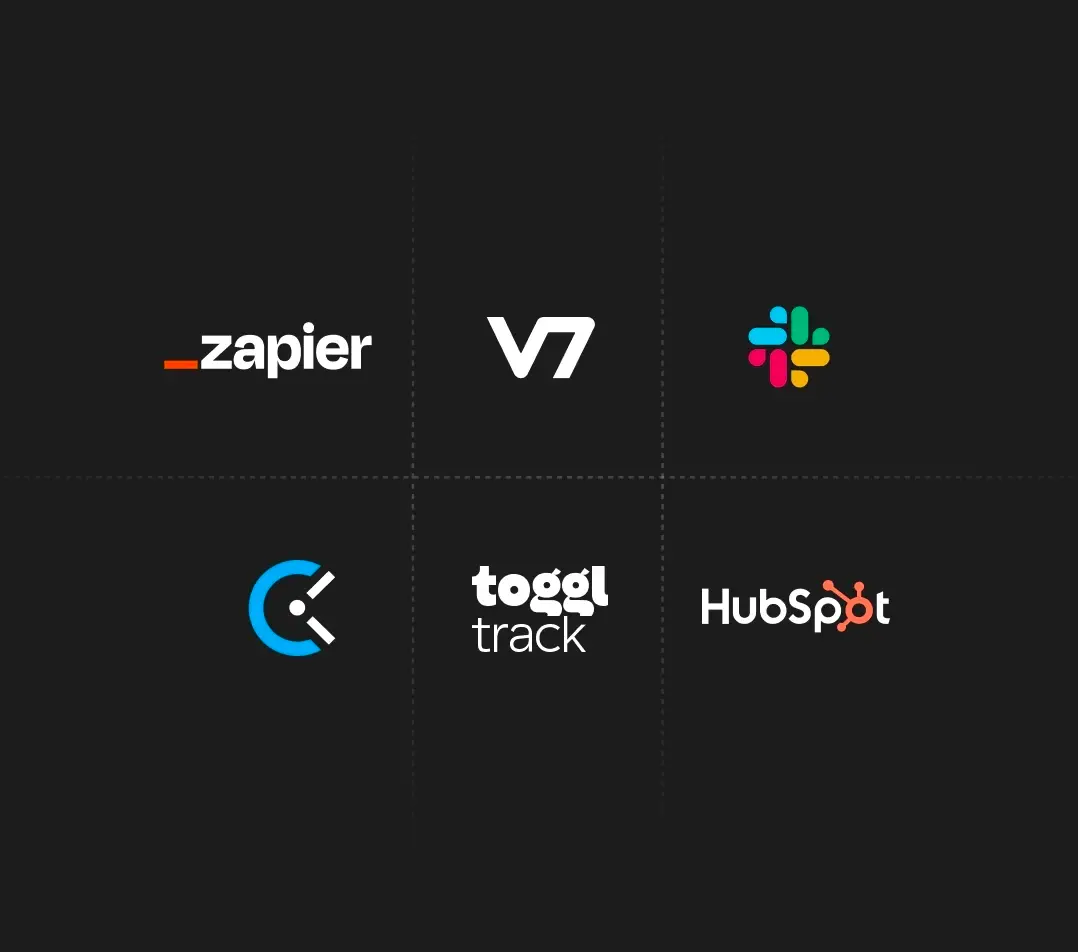 Logos of Zapier, GTCX, Slack, Clockify, Toggl Track, HubSpot