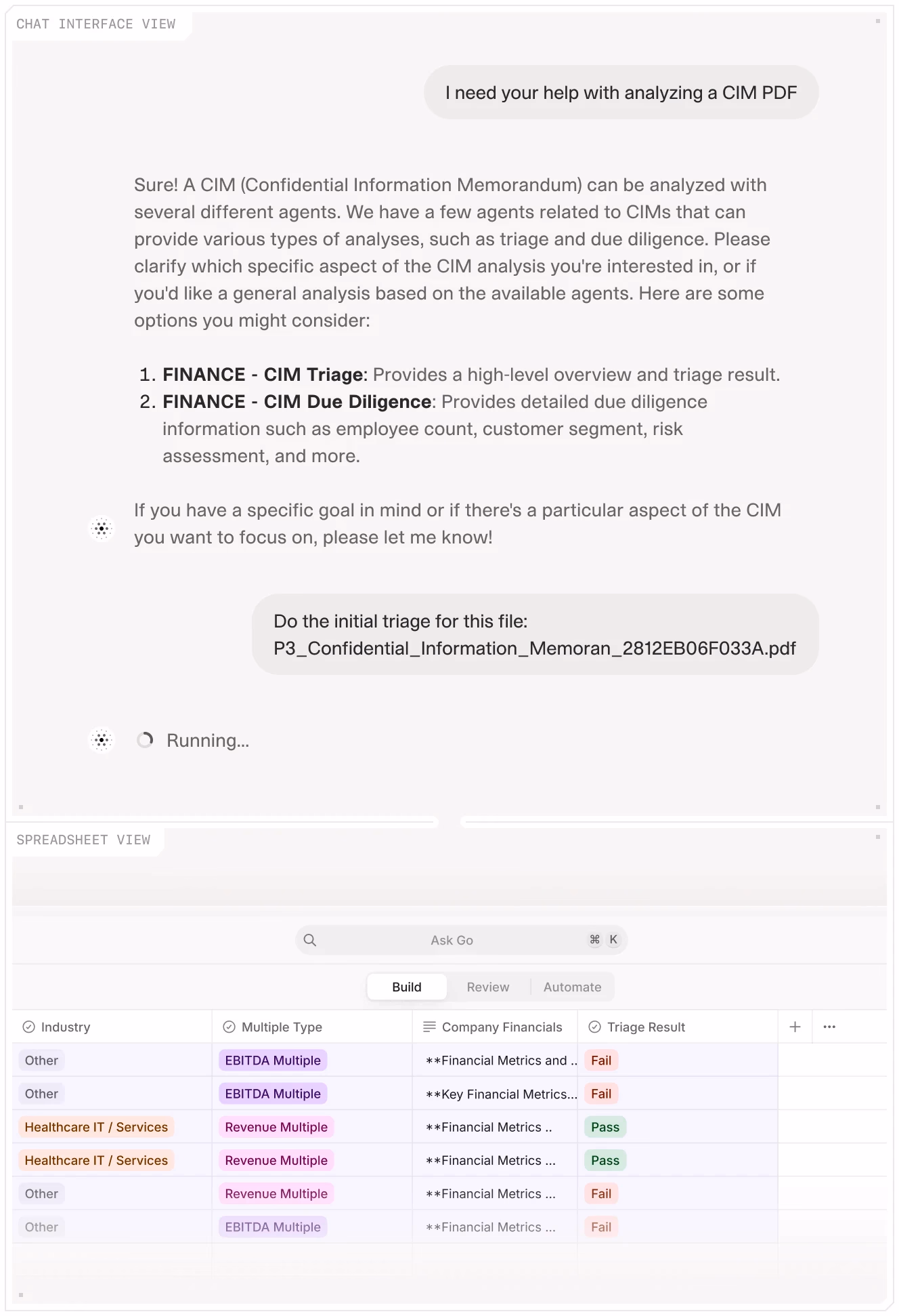 Chat interface and spreadsheet view in an AI platform analyzing a financial document using multiple agents, including CIM triage and counterparty research.