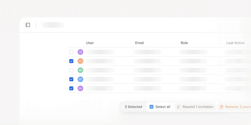 User list with checkboxes and selective options.