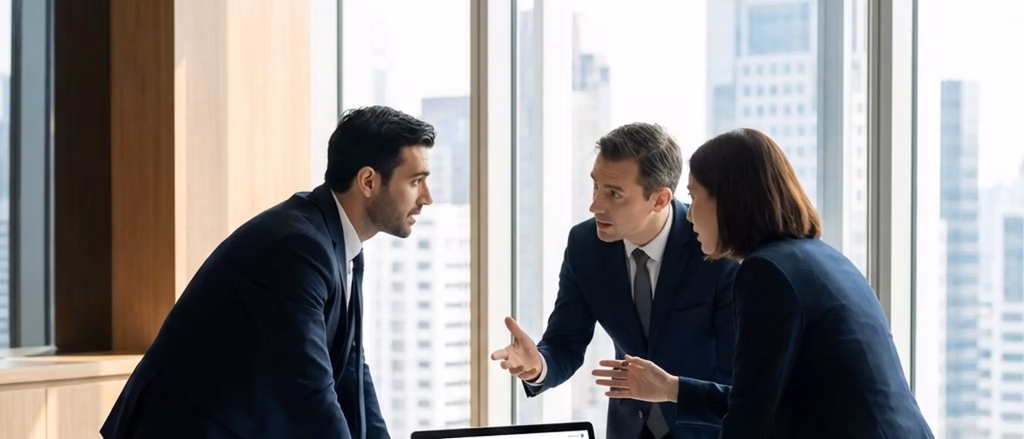Three business professionals in a meeting.