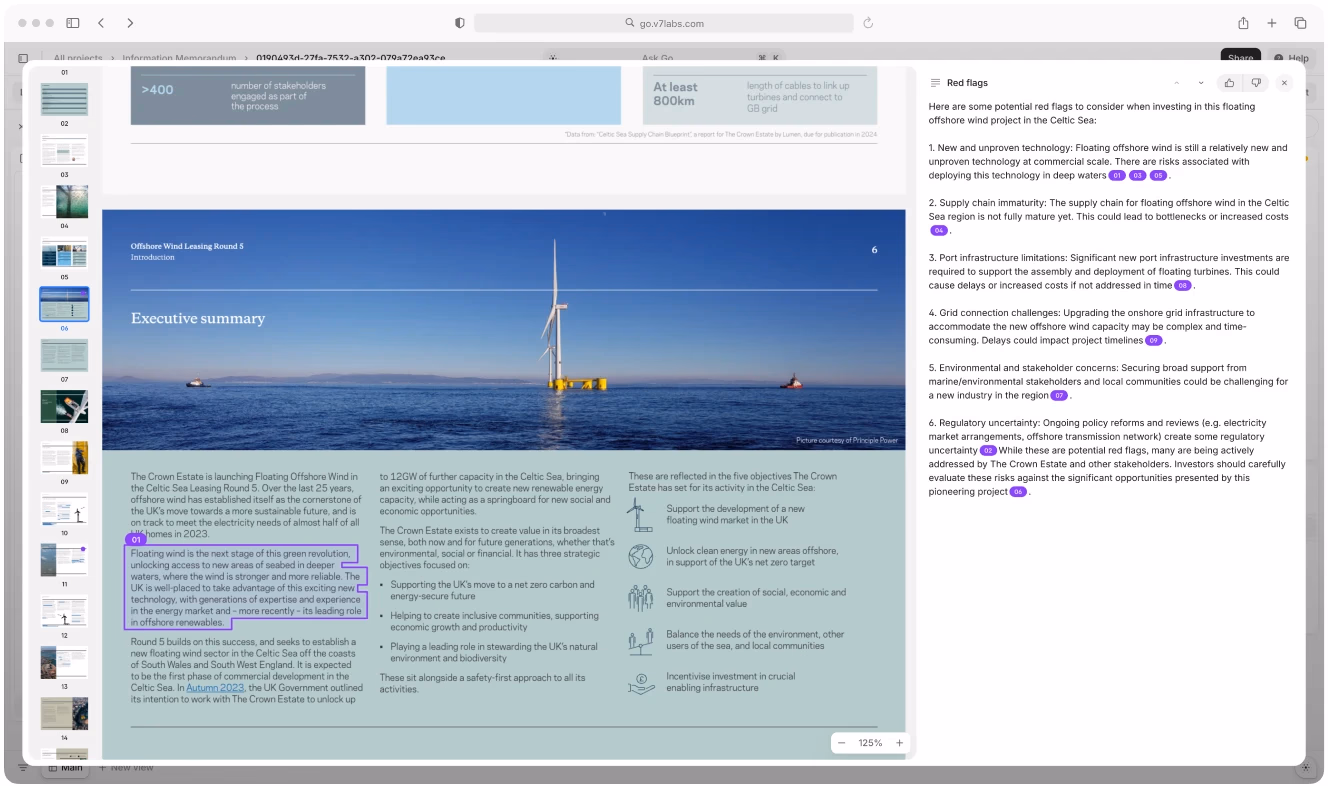 A digital document interface displaying an executive summary of an offshore wind project. The AI highlights key phrases and identifies potential investment risks, such as supply chain immaturity and regulatory uncertainty.