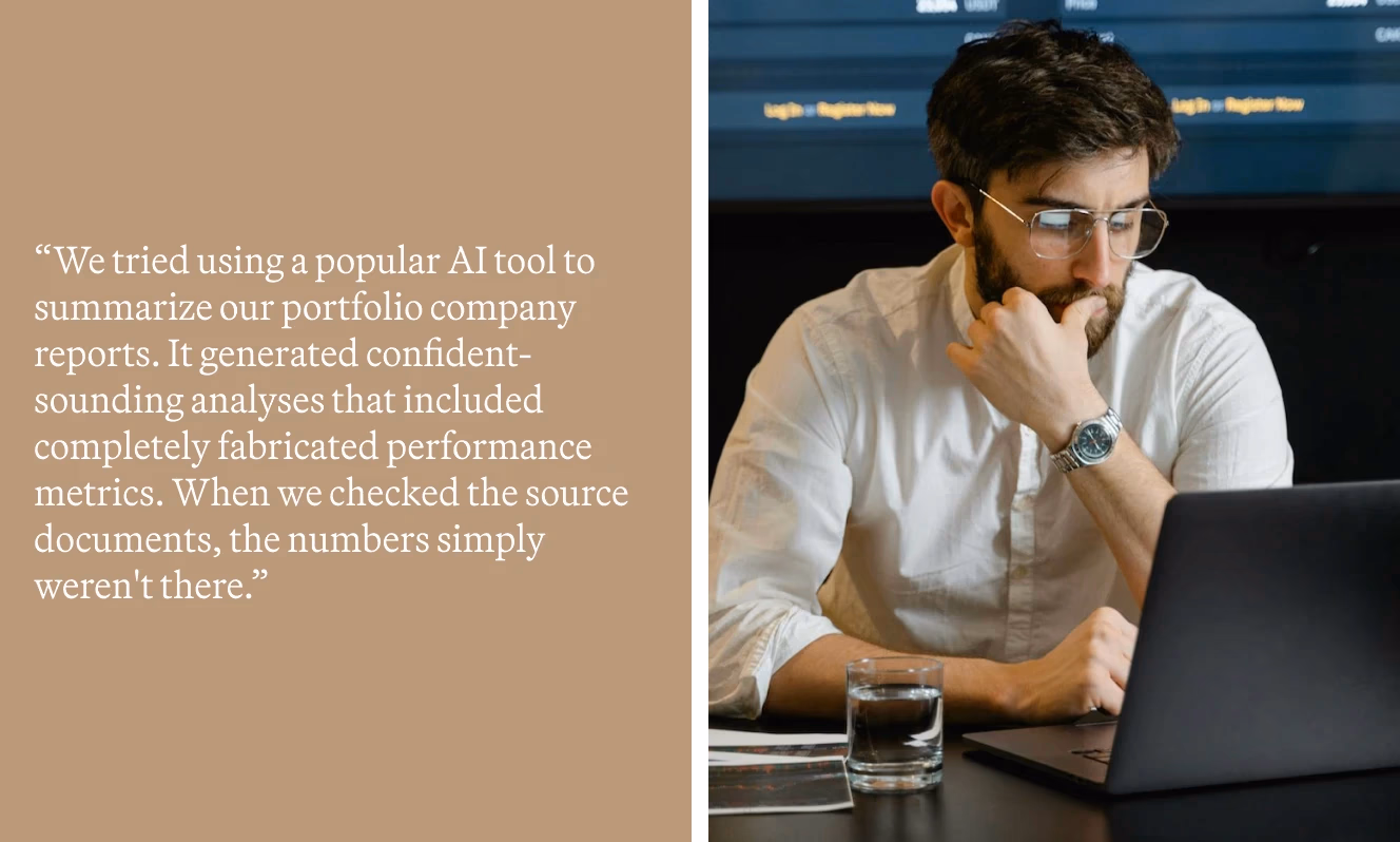 Split-screen showing a skeptical analyst reviewing AI-generated performance data that turned out to be inaccurate, illustrating risks of hallucinated content.