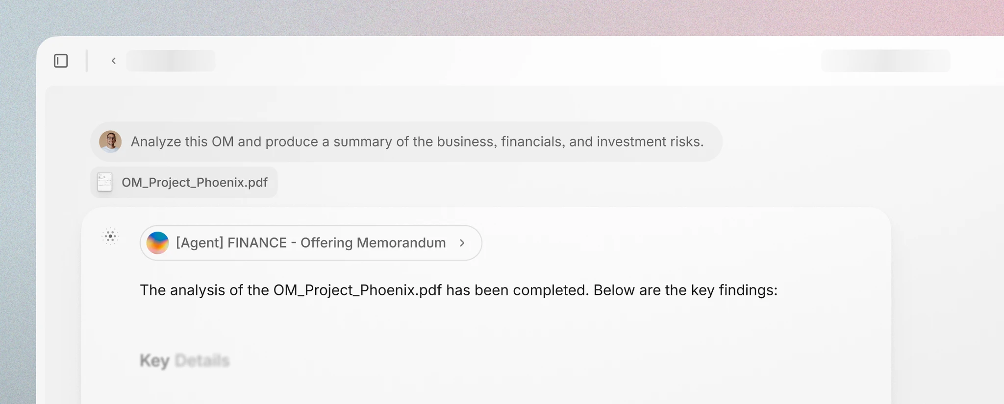A screenshot of a user interface showing a conversation with an AI assistant. The user has uploaded a PDF file and requested the assistant to analyze the Offering Memorandum and summarize the business, financials, and investment risks.