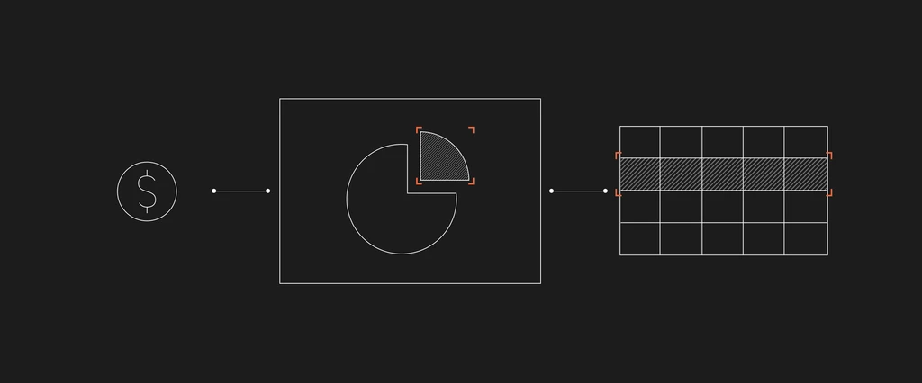 Dollar sign, incomplete pie chart, grid with highlighted cells