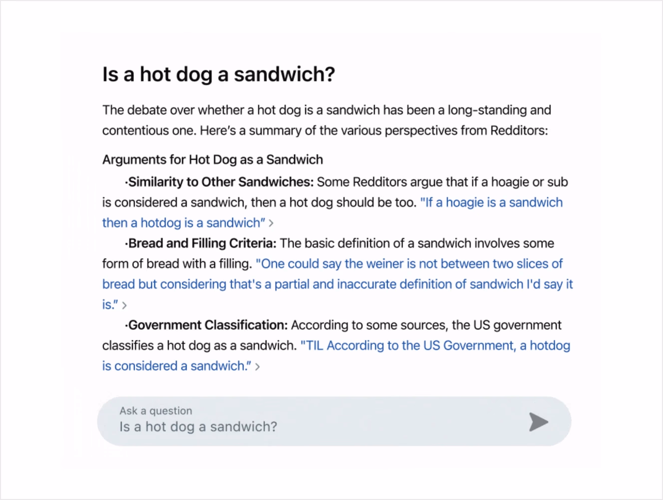 A search result discussing the ongoing debate on whether a hot dog is a sandwich, summarizing perspectives from Reddit users.
