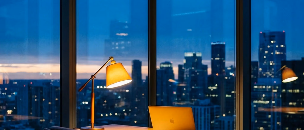 Desk lamp and laptop with city view at dusk.