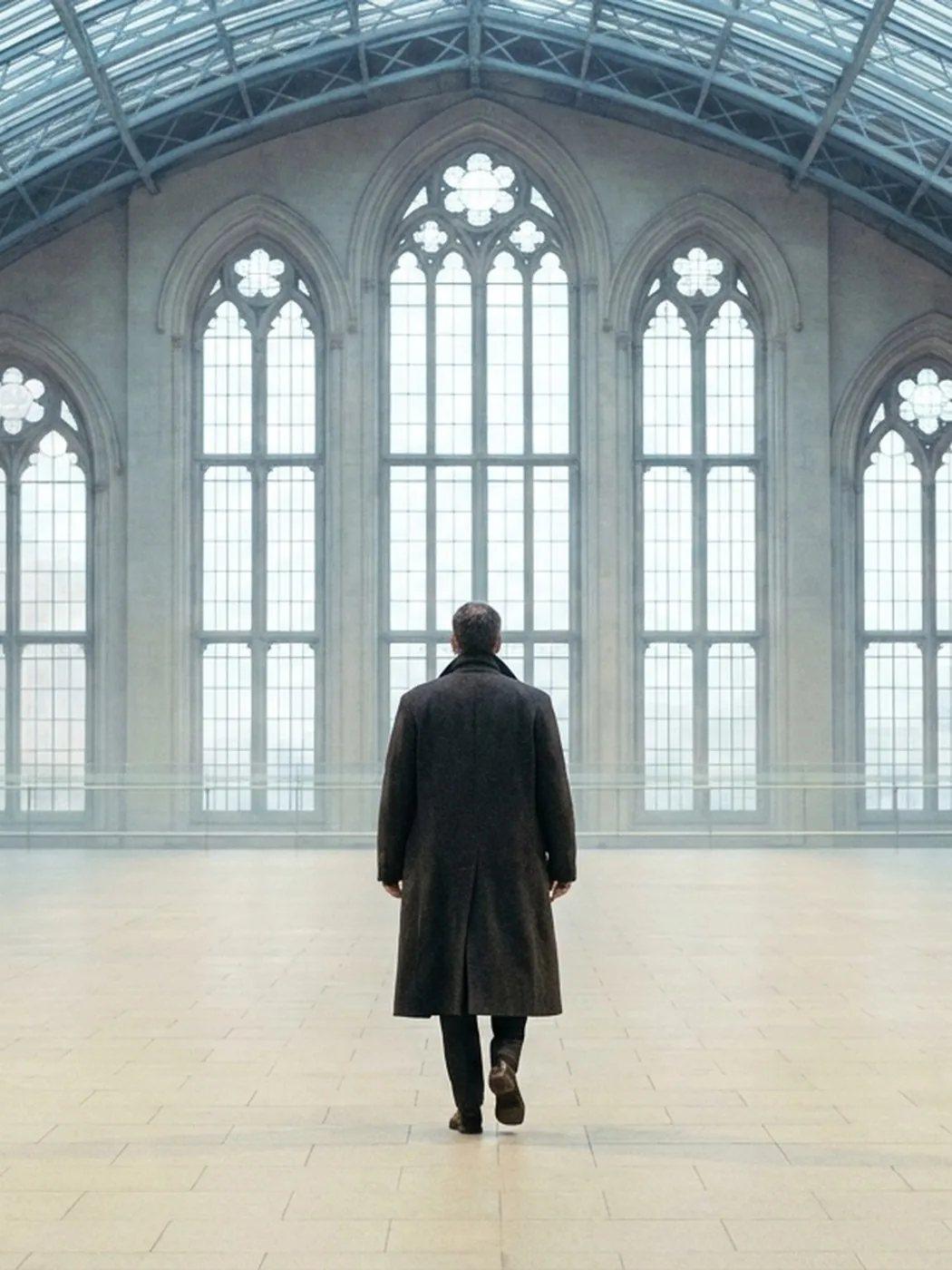 Man walking in a grand hall with large arched windows