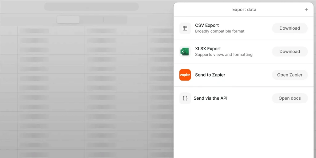 Export data options: CSV, XLSX, Zapier, API