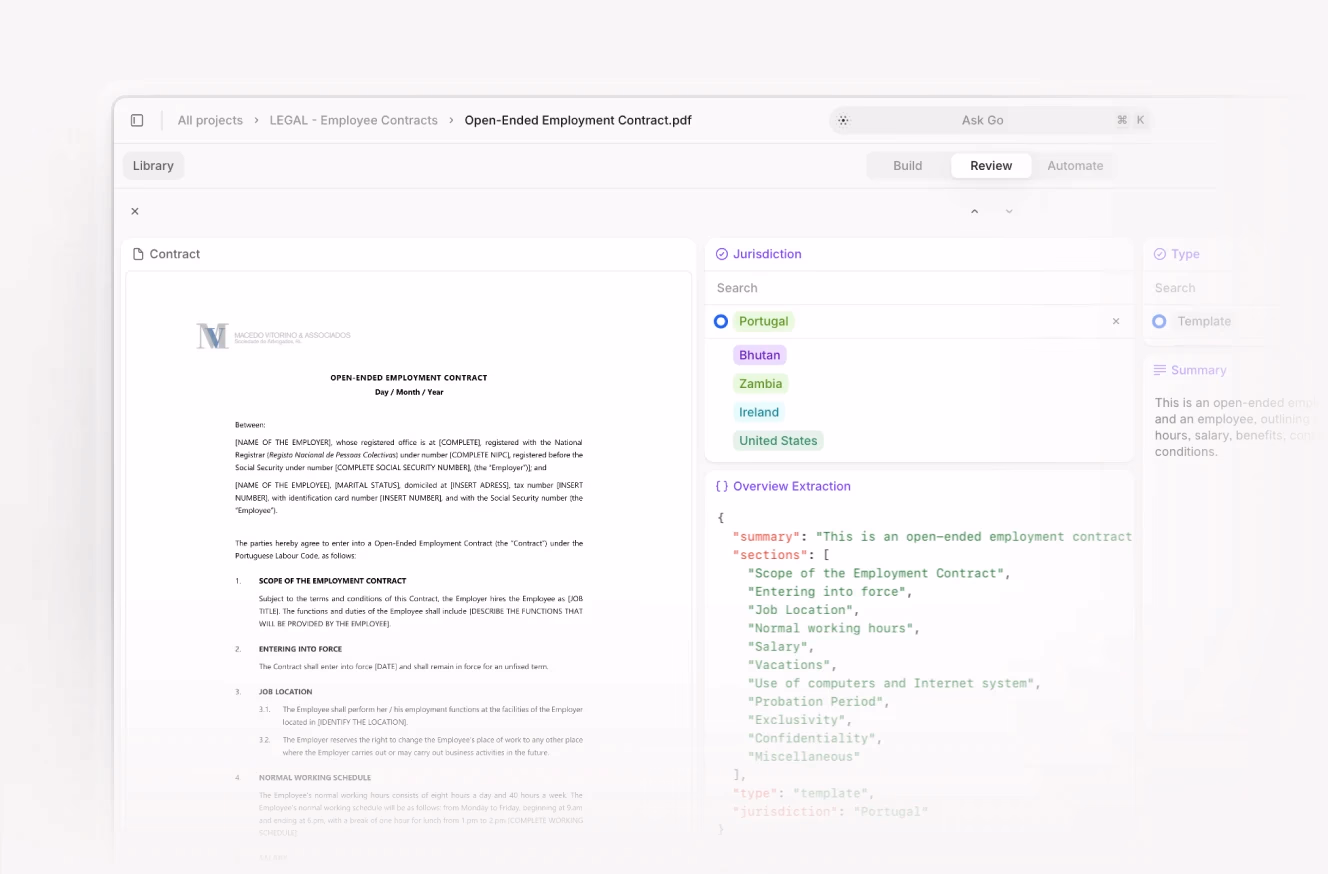 An AI-powered interface displaying an open-ended employment contract document on the left and extracted structured data on the right.