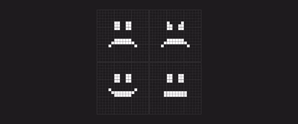 Four pixel art faces: sad, sideways smiling, smiling, neutral