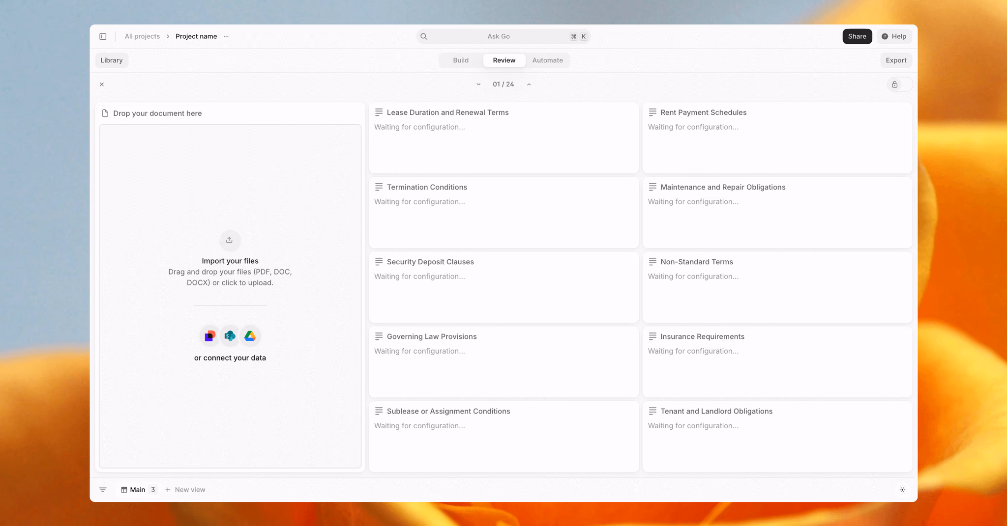 AI lease abstraction interface showing a lease document on the left and structured extracted key terms on the right, including lease commencement date and tenant obligations, for multifamily property management