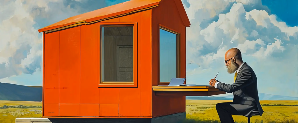 Man in suit writing outside orange shed in field