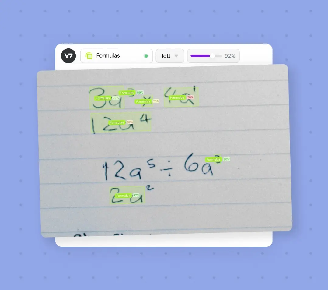 Handwritten math formulas with bounding boxes and labels.