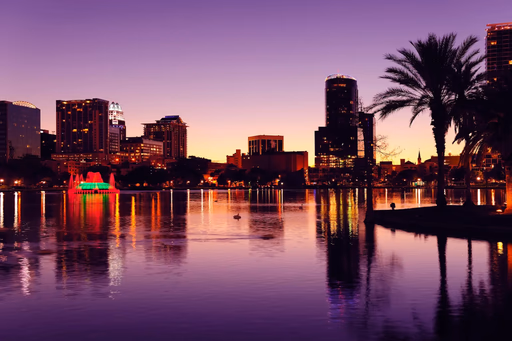 Orlando skyline at dusk with lake reflection
