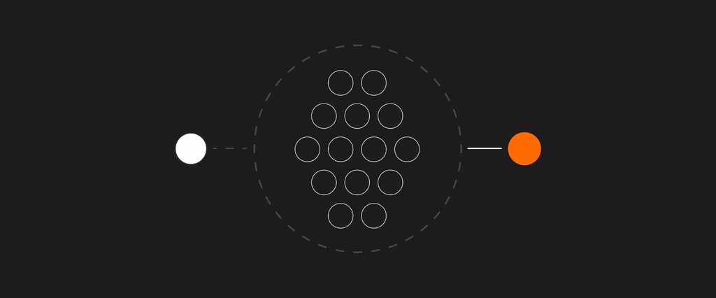 Diagram of a white circle, a network of empty circles, and an orange circle.
