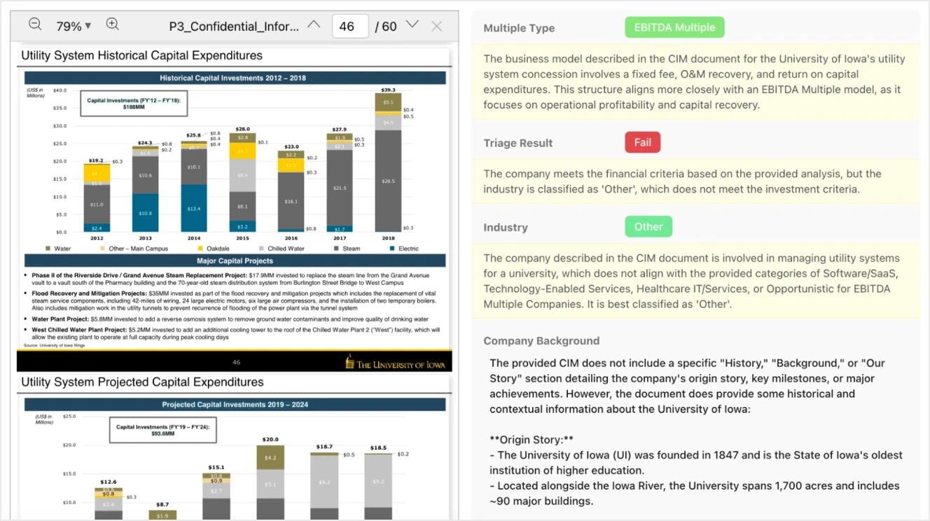Split-screen CIM analysis showing extracted data fields on left and source document with marked sections on right