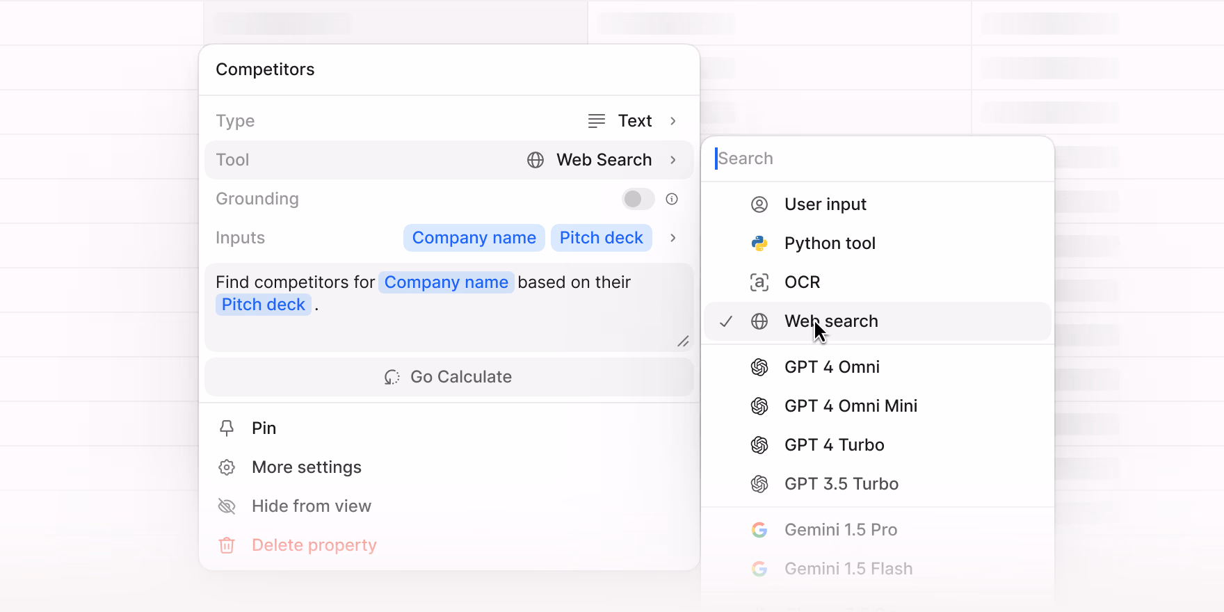 Pitch deck competitor identification agent showing web search tool configuration and structured input fields for company name and pitch deck