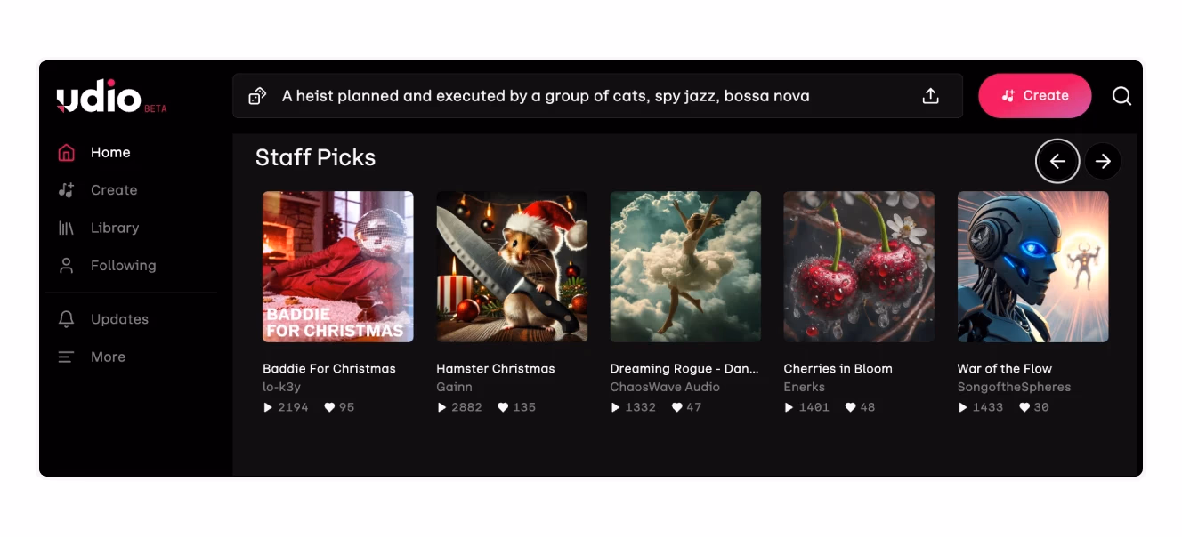 Udio's interface displaying AI-generated music with album art, song titles, and playback options