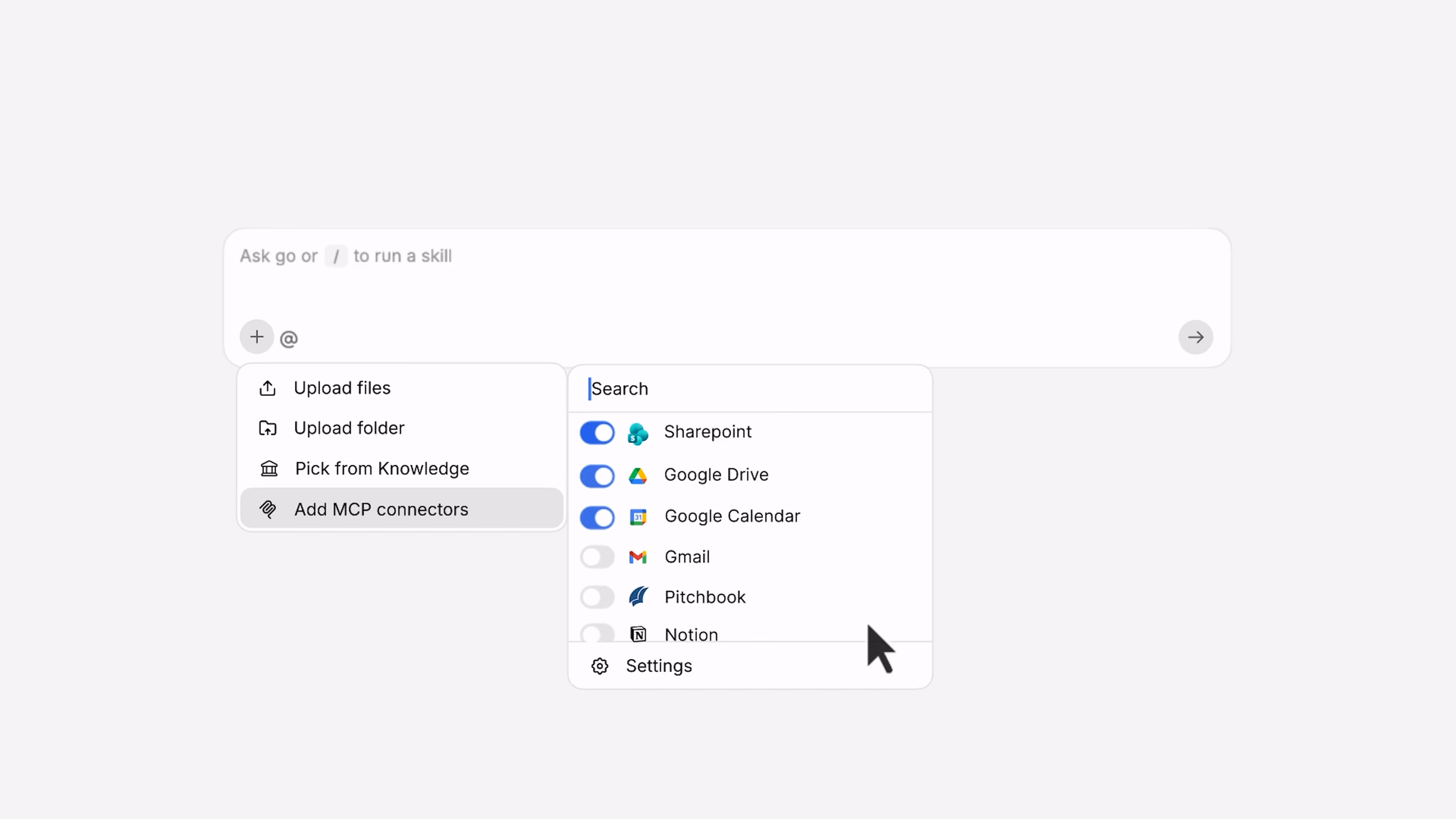 The MCP connectors menu in GTCX Network's chat input, showing connected integrations including SharePoint, Google Drive, Google Calendar, Gmail, Pitchbook, and Notion.