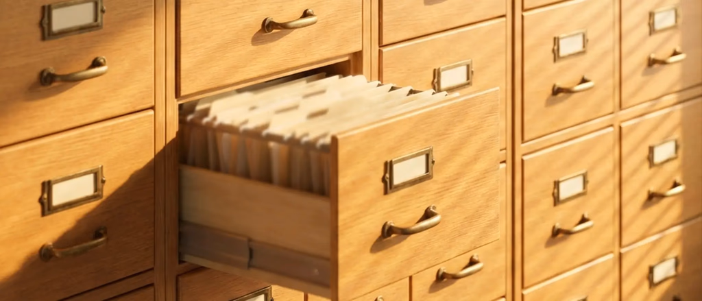 Wooden filing cabinet with one drawer open, filled with folders