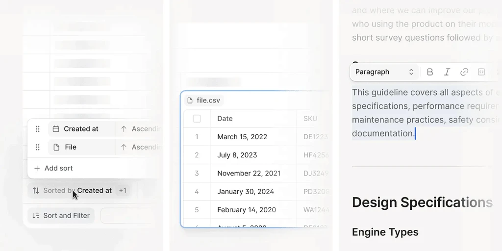Table sorting and text editing UI.