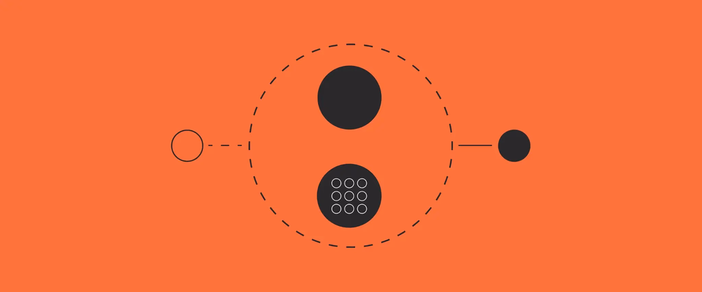 Abstract diagram of circles and lines on orange background.