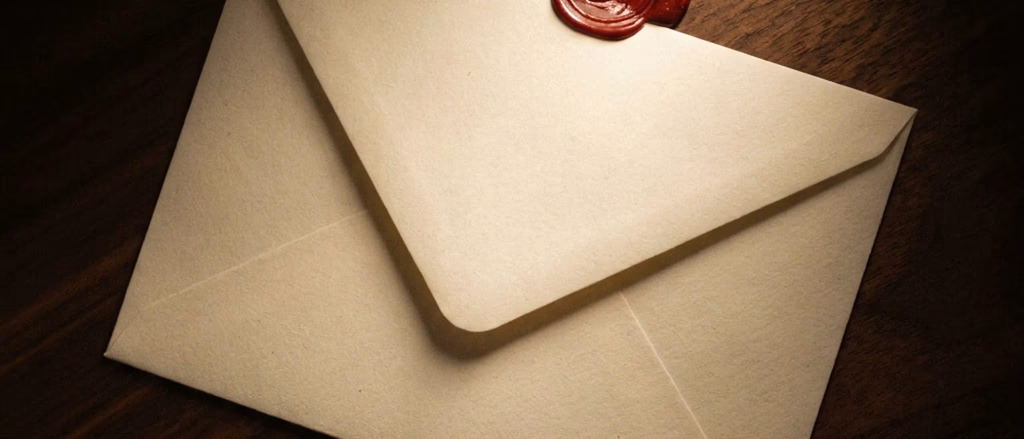 Envelope with red wax seal on wooden surface.