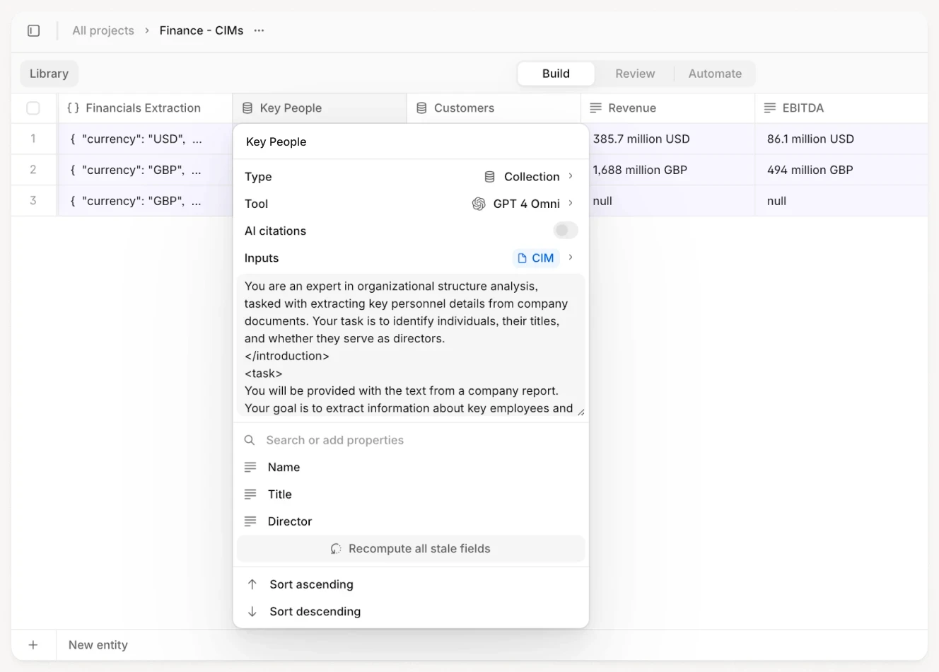 Image of the GTCX Network platform with a prompt written to extract key organizational data from the text of a company report