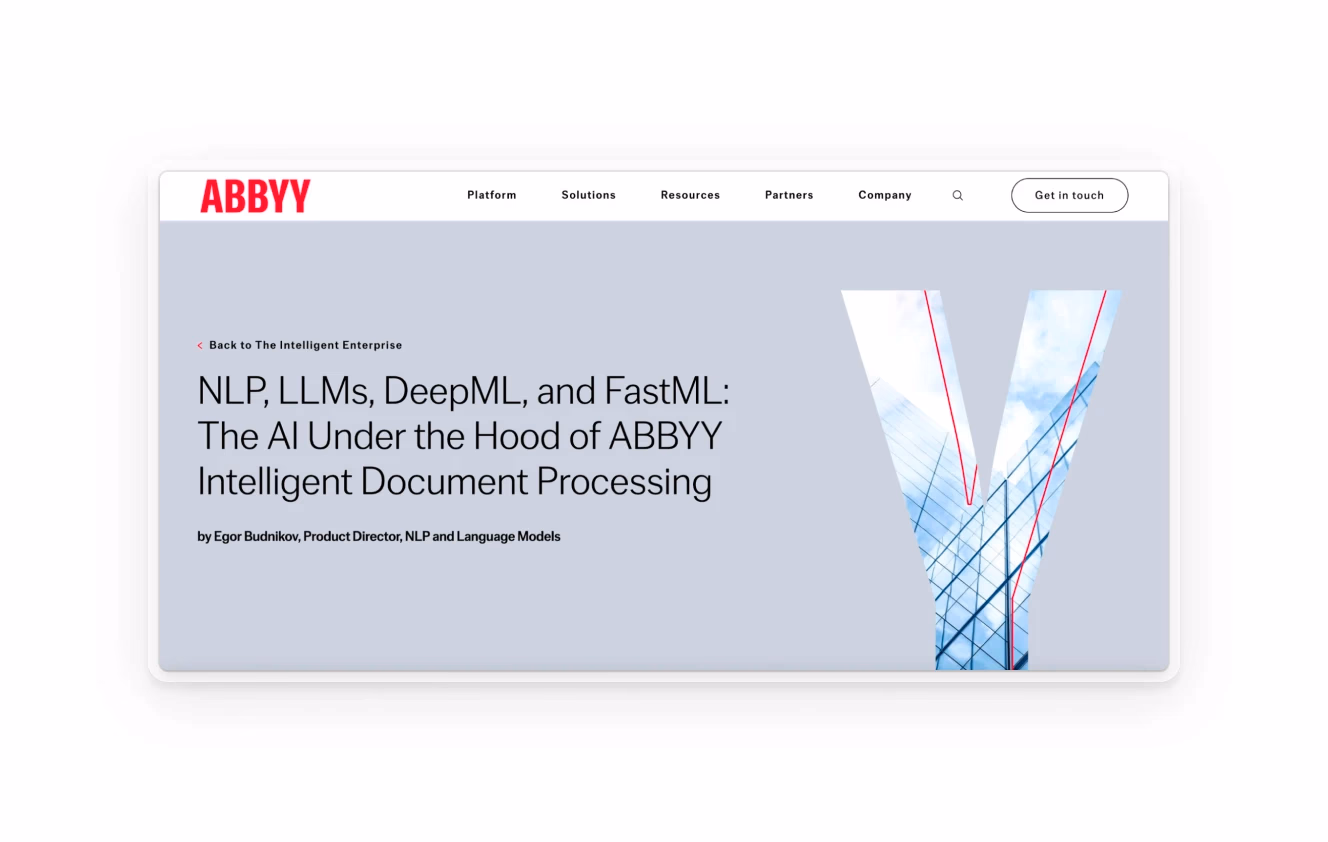 A webpage header for ABBYY discussing AI technologies like NLP and LLMs in document processing, with a sleek background of modern building architecture.