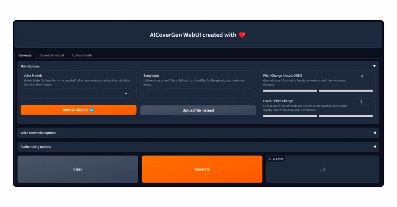 AI cover generator with WebUI powered by RVC with options for changing pitch, voice models, and uploading songs