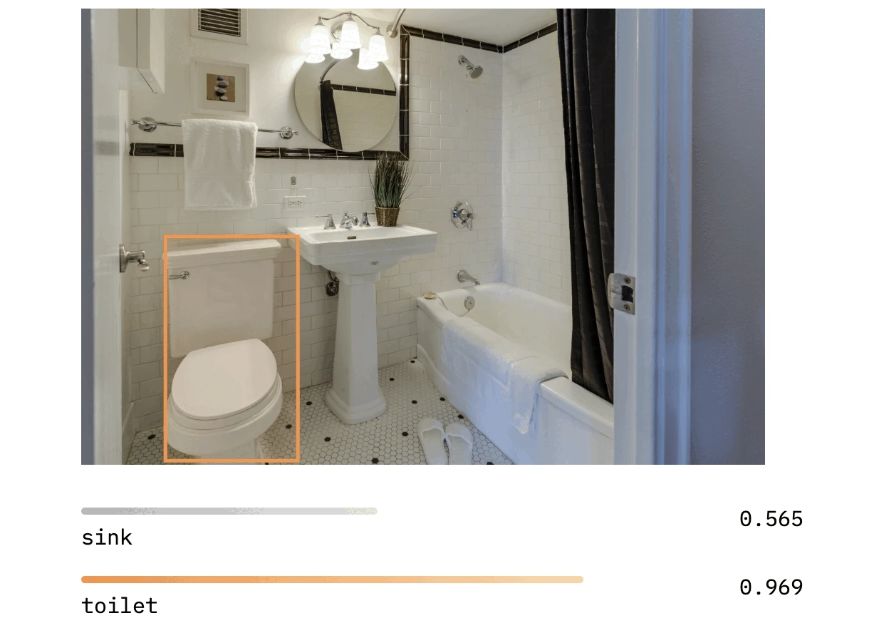 Object detection AI with bathroom objects highlighted with bounding boxes.