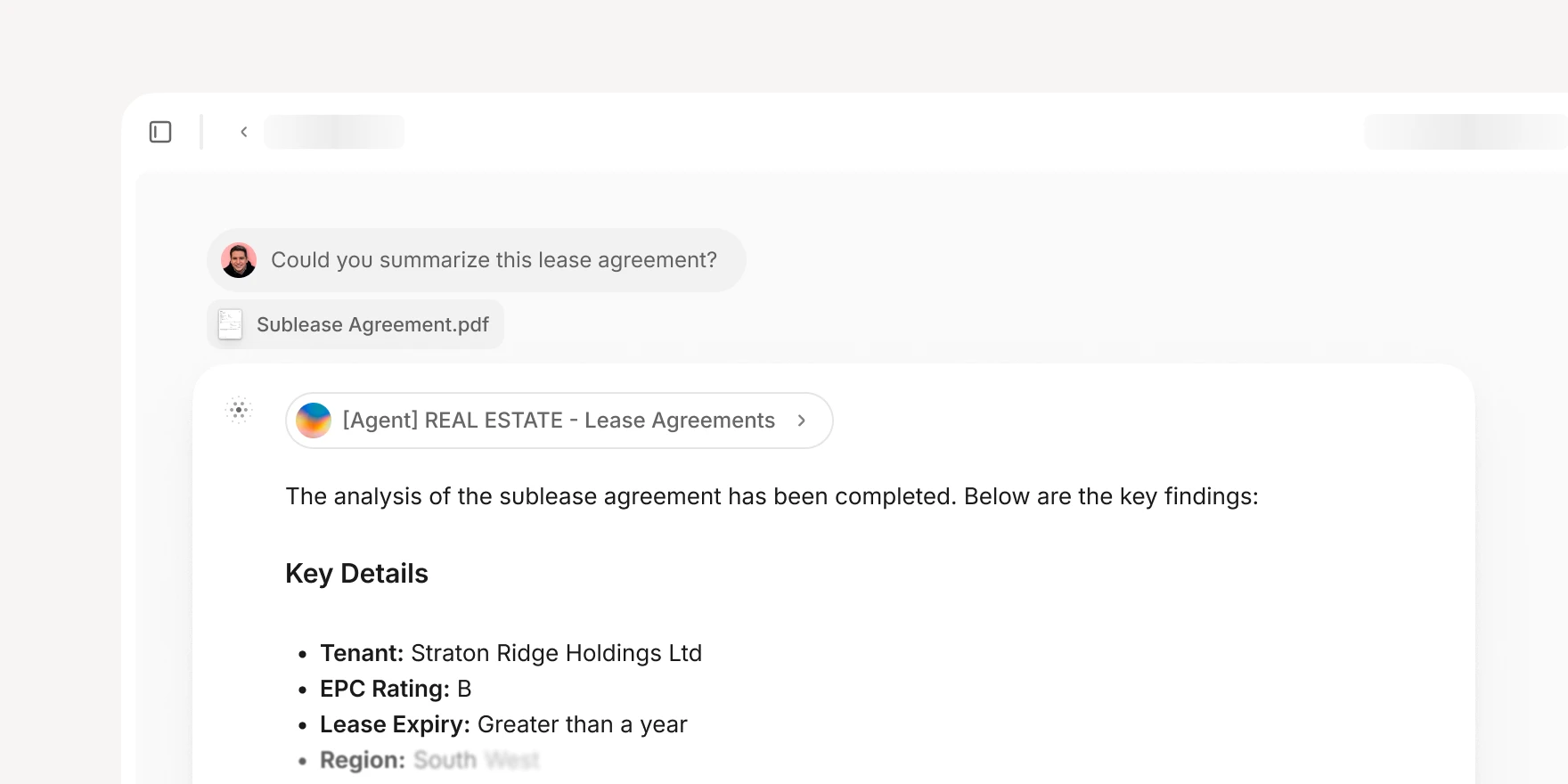 GTCX Network AI Concierge interface demonstrating a user requesting a lease agreement summary. The AI agent processes the uploaded PDF, extracting and presenting key details like tenant name, property address, lease term, and rent escalation clauses in a structured, conversational format, with links to source document sections.