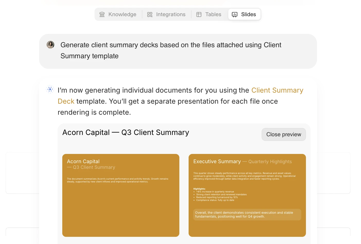 Slides generation interface showing an AI agent producing client summary decks; includes a preview of two orange-themed slide cards summarizing quarterly performance.