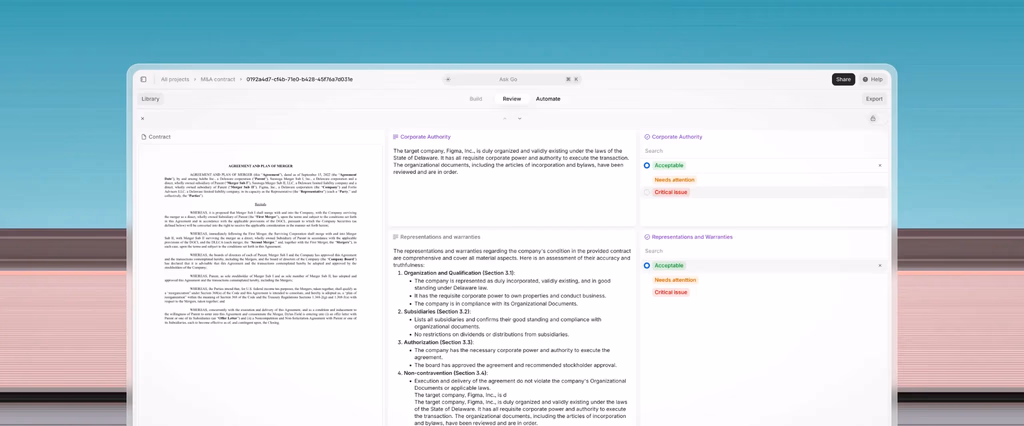 Document review interface with merged contracts and summary of terms.