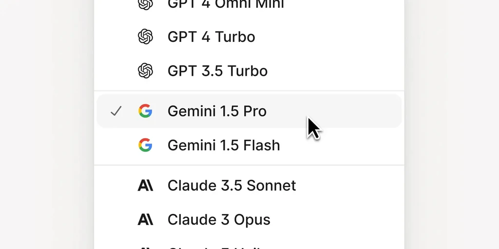Selected Gemini 1.5 Pro with checked icon and mouse pointer.