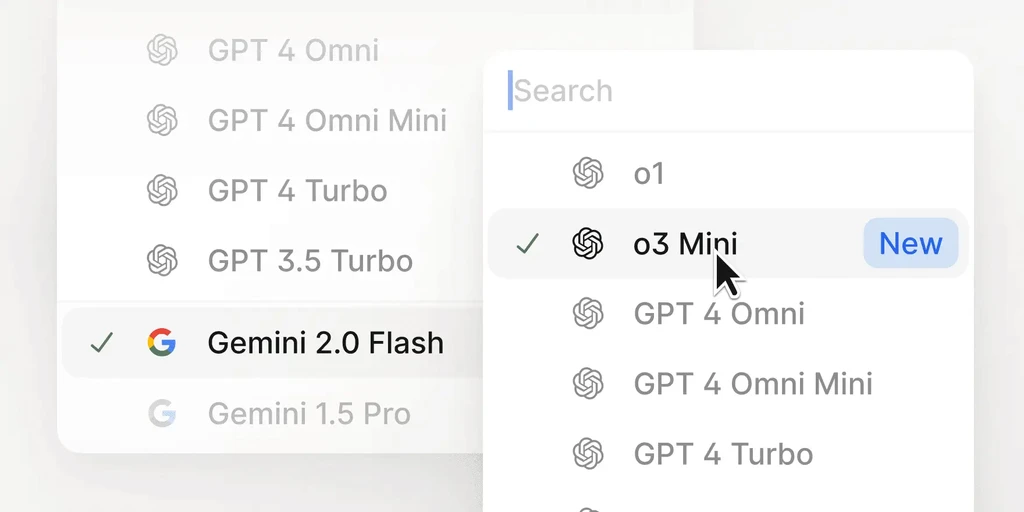 o3 Mini model selected with a New tag