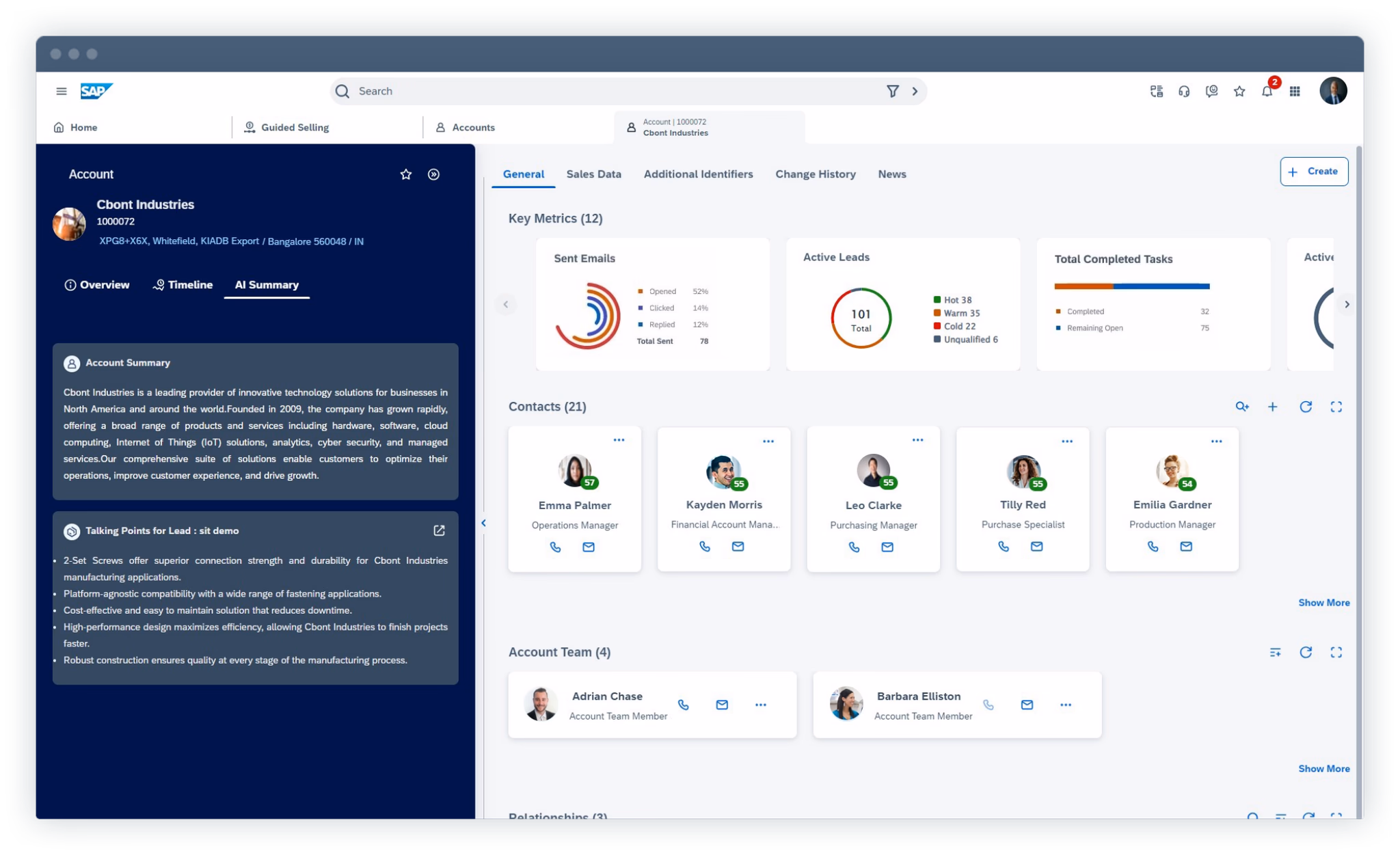 SAP CRM account dashboard showing an AI-generated company summary, active leads, contact grid, and account team for a banking client