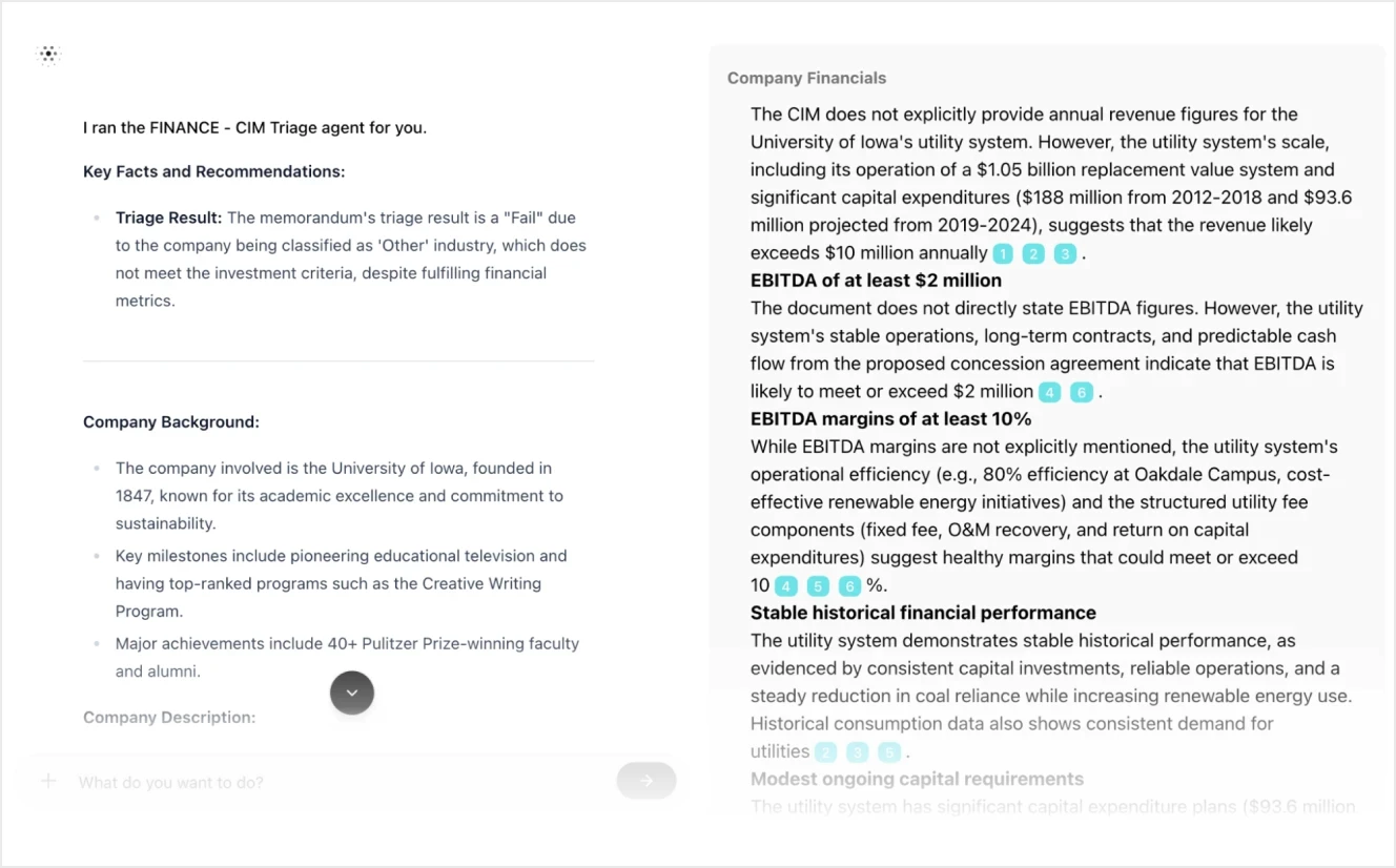 A financial AI agent triaging a CIM (Confidential Information Memorandum). The report shows key facts and recommendations, including a "Fail" classification due to the company's industry not meeting investment criteria. The right panel displays extracted financial details such as EBITDA estimates and revenue projections.