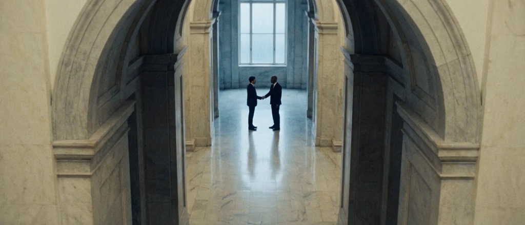 Two men in suits shake hands in a marble hallway.