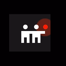 Abstract white figures on black, red dot overlay