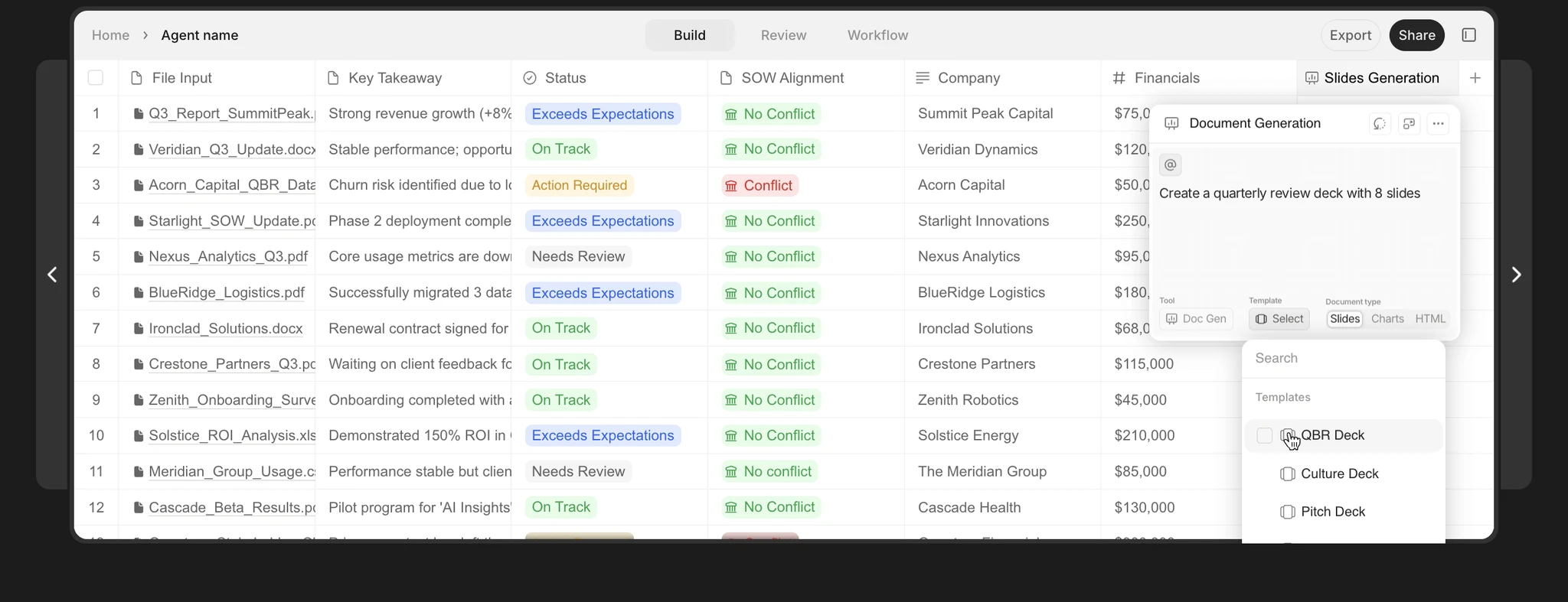 Spreadsheet-style agent dashboard showing rows of uploaded documents, key takeaways, status tags, SOW alignment markers, and financial data, with a right-side panel for generating customer slide decks.