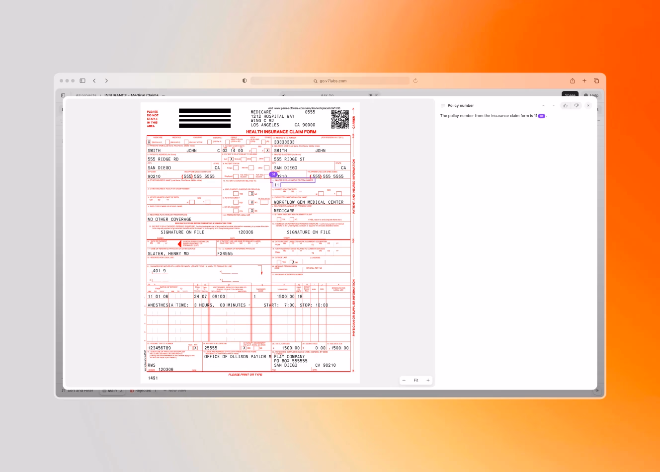 Health insurance claim form with highlighted data fields and AI-generated summary on the side.