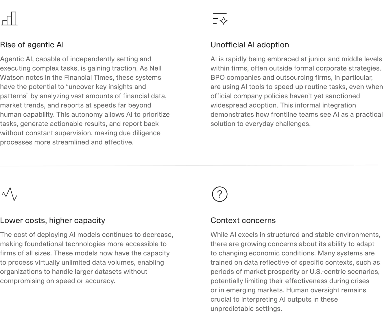 Graphic illustrating four key trends shaping AI adoption in finance: rise of agentic AI for complex tasks, unofficial AI use among frontline employees, decreasing deployment costs increasing AI accessibility, and ongoing concerns about AI's contextual adaptability in changing market conditions.