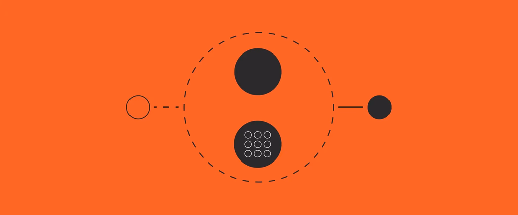 Black circles on orange with dashed circle and lines.