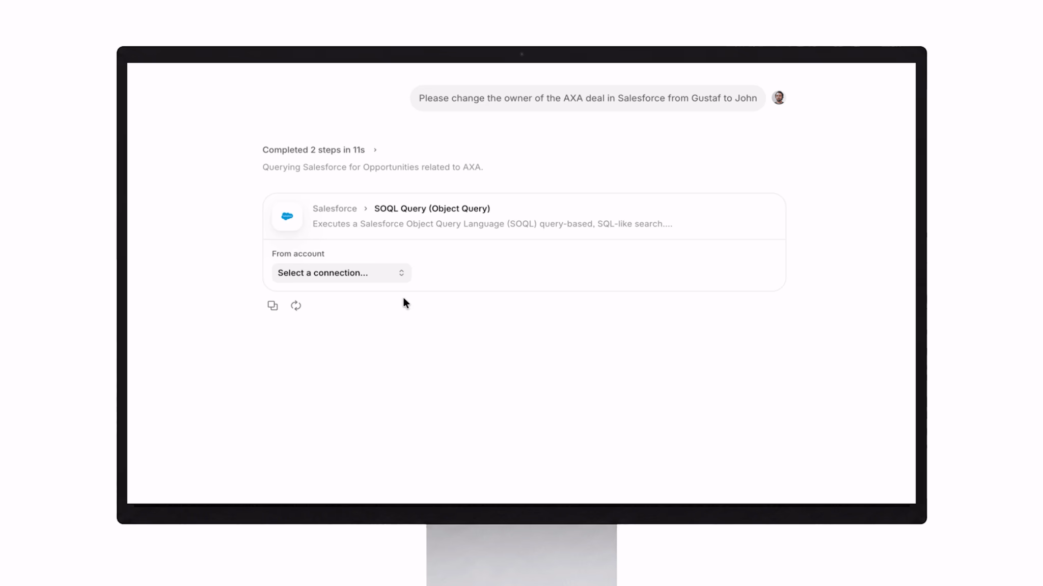 GTCX Network chat interface showing an agent querying Salesforce via SOQL to change the owner of the AXA deal.