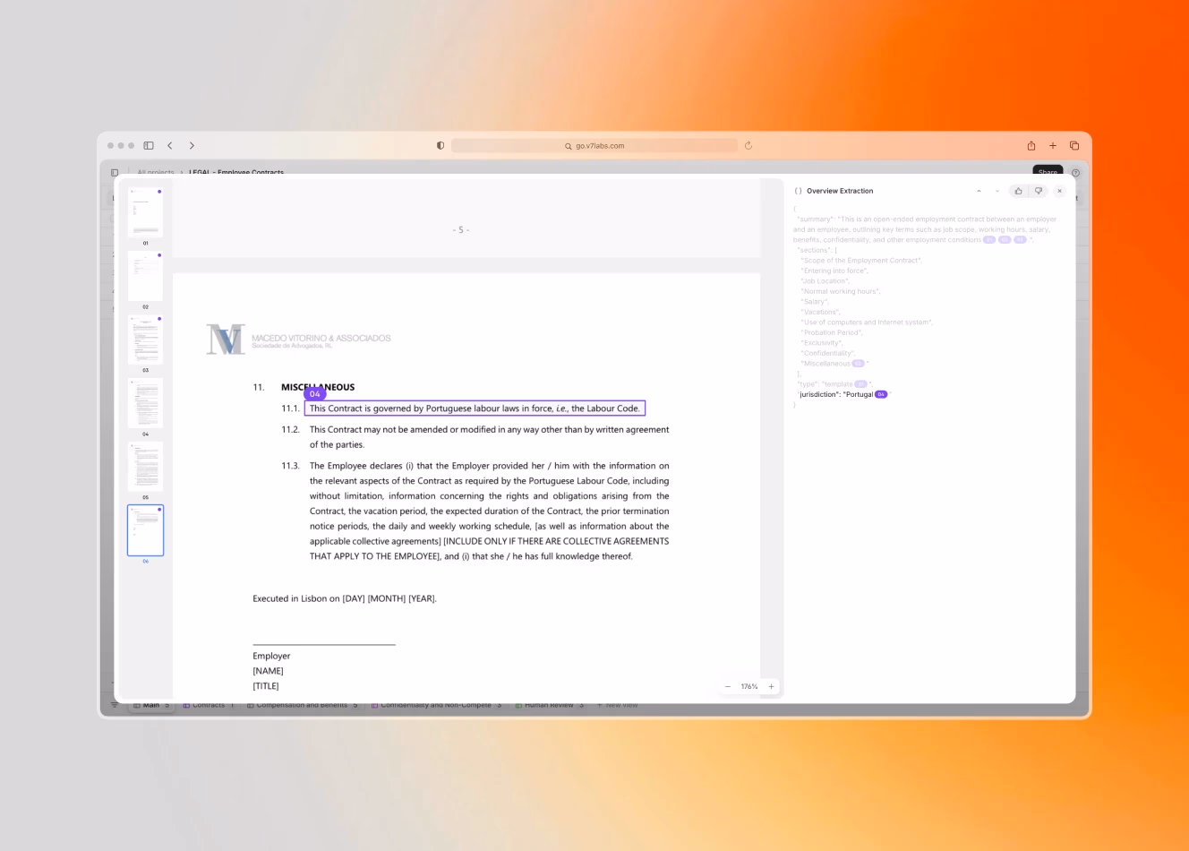 AI legal document review tool analyzing a contract, highlighting a jurisdiction clause and extracting key terms like employment scope and confidentiality into a structured panel within the AI contract repository.